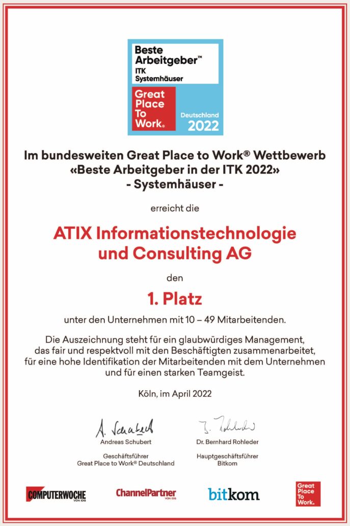 Im bundesweiten Great Place To Work Wettbewerb erreicht die ATIX AG den 1. Platz
